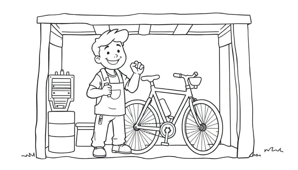 Zwart-wit tekening van een lachende jongen met overall in een schuur, naast een fiets. De tekening is een kleurplaat.