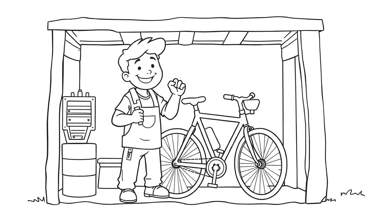 Zwart-wit tekening van een lachende jongen met overall in een schuur, naast een fiets. De tekening is een kleurplaat.