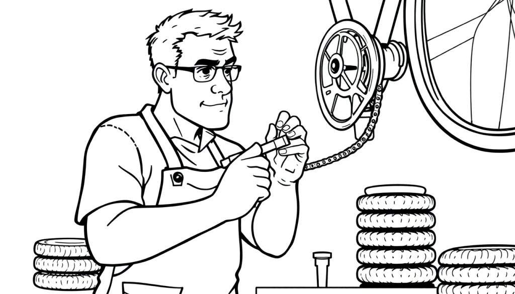 Een zwart-wit kleurplaat van een fietsenmaker met een bril, die aan een fiets werkt in zijn werkplaats.