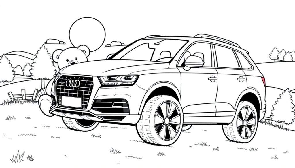 Kleurplaat van een Audi Q7 in een landschap.