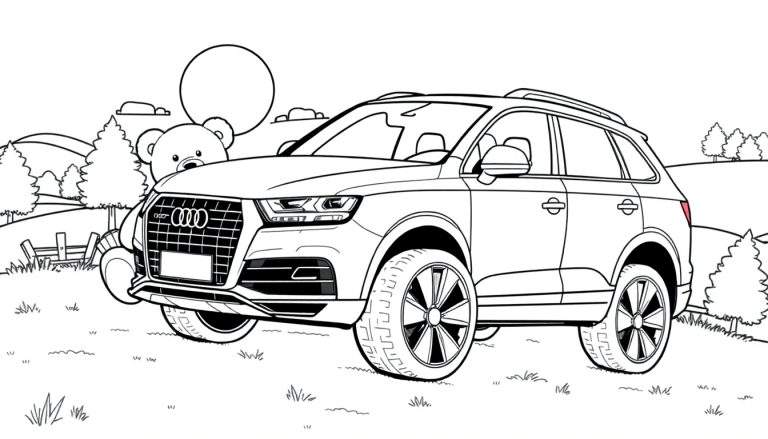 Kleurplaat van een Audi Q7 in een landschap.