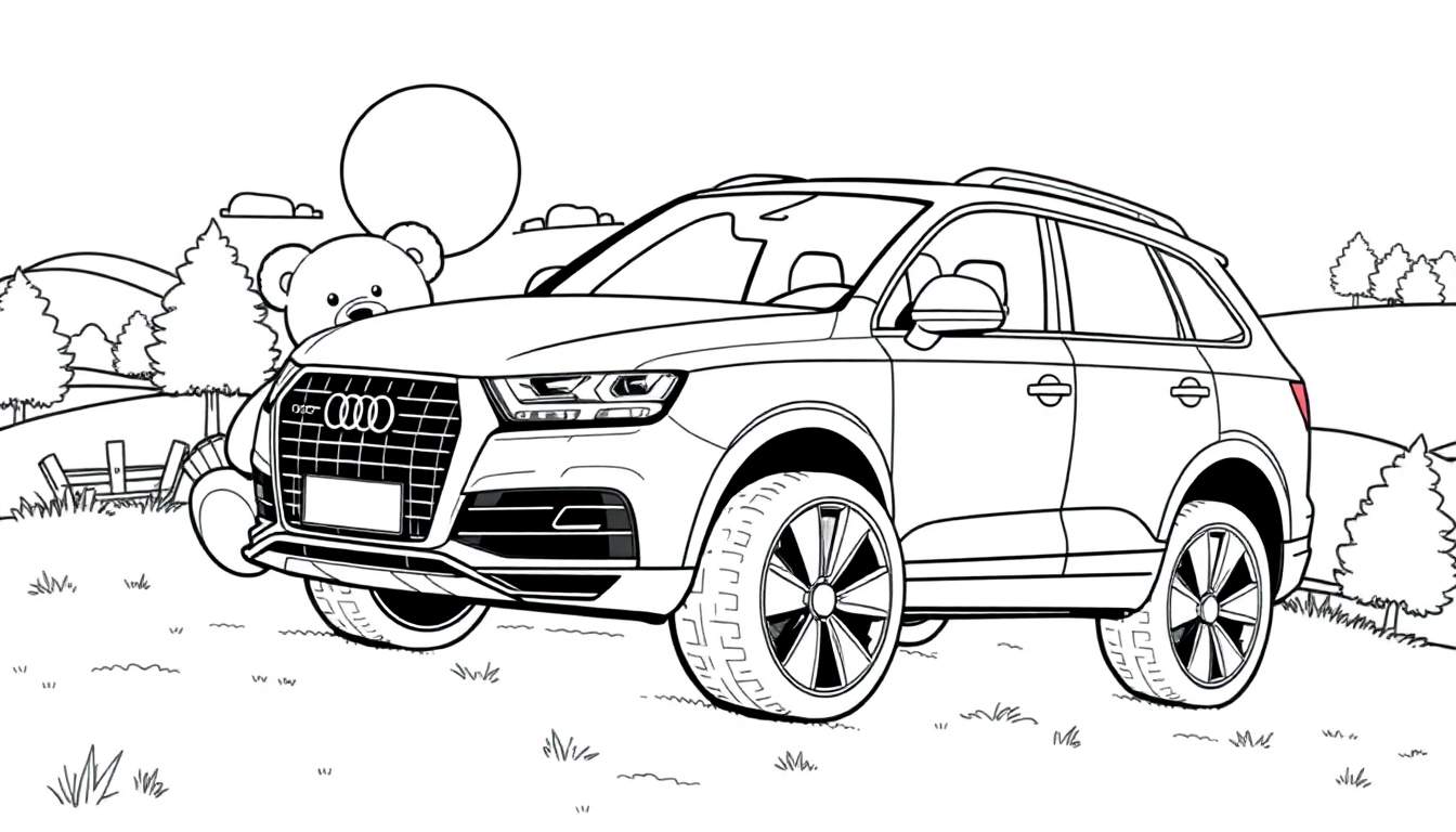 Kleurplaat van een Audi Q7 in een landschap.