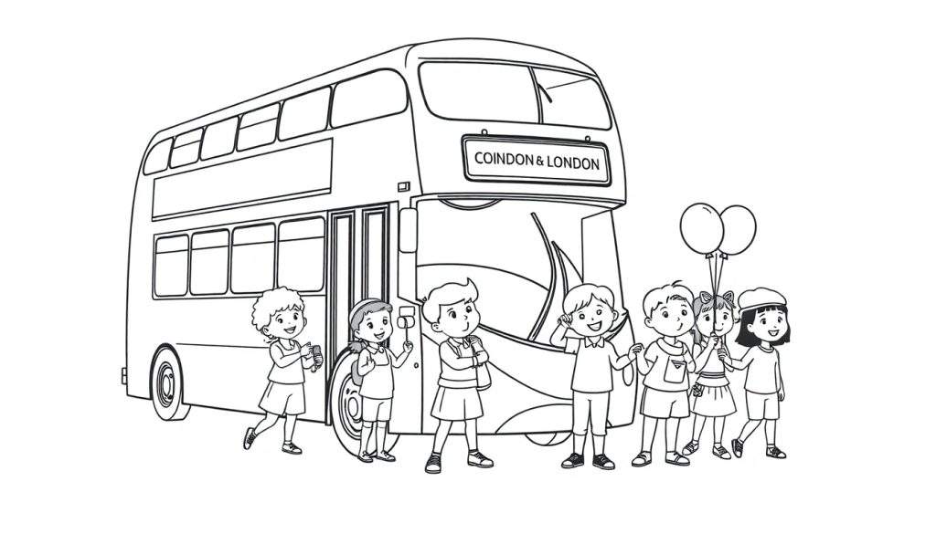 Kleurplaat van een dubbeldekker bus met kinderen die instappen.