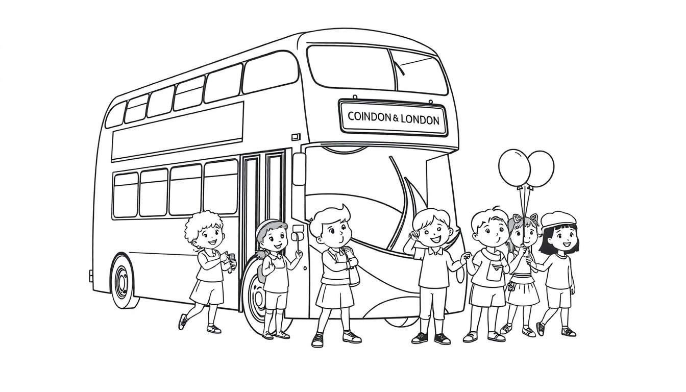 Kleurplaat van een dubbeldekker bus met kinderen die instappen.