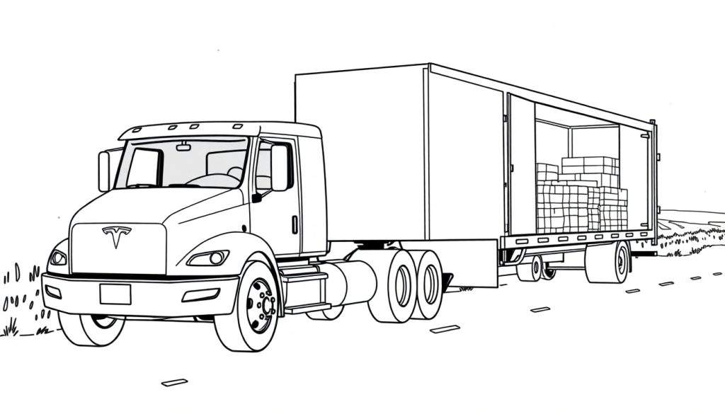 Een kleurplaat van een grote Tesla vrachtwagen met een open oplegger vol dozen.