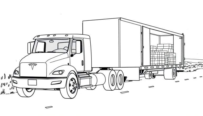 Een kleurplaat van een grote Tesla vrachtwagen met een open oplegger vol dozen.