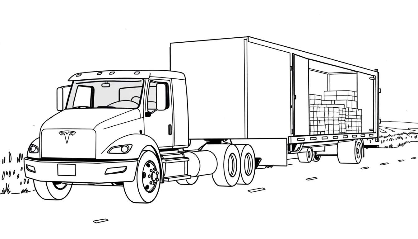 Een kleurplaat van een grote Tesla vrachtwagen met een open oplegger vol dozen.