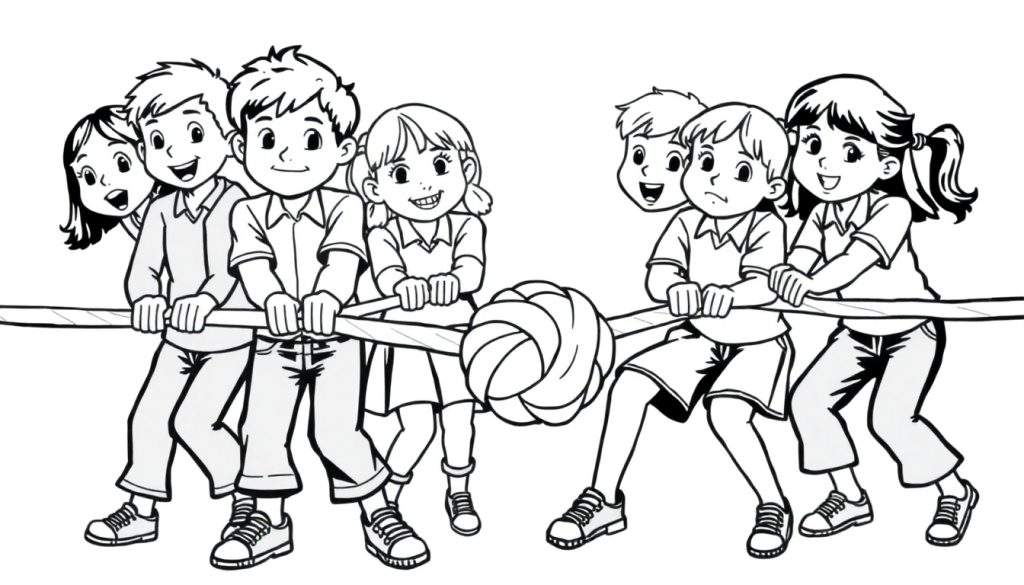 Kleurplaat van een spannende touwtrekwedstrijd op school met twee teams van kinderen.