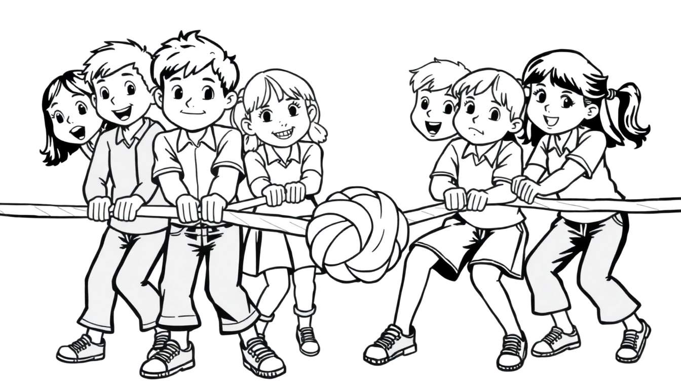 Kleurplaat van een spannende touwtrekwedstrijd op school met twee teams van kinderen.