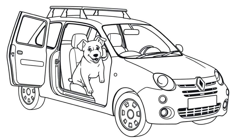 Kleurplaat van een hond die in een Renault 5 rijdt