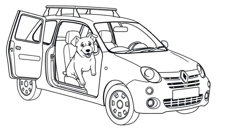 Kleurplaat van een hond die in een Renault 5 rijdt