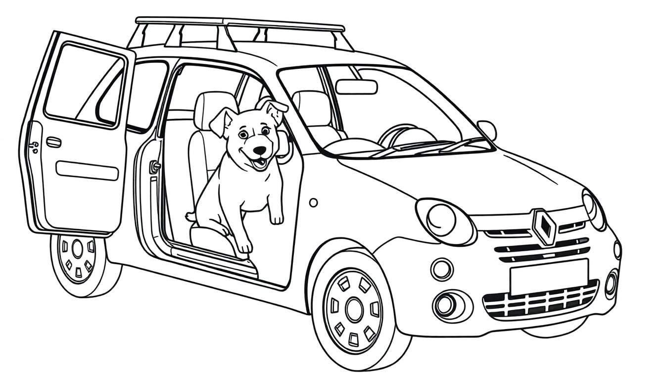Kleurplaat van een hond die in een Renault 5 rijdt
