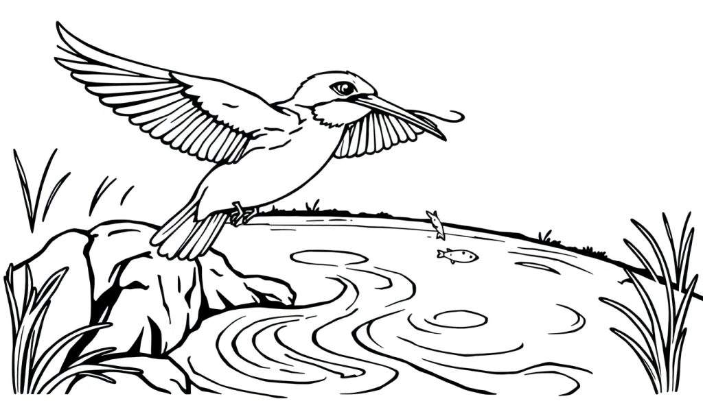 Kleurplaat van een ijsvogel die op een rots zit, met een vis die uit het water springt.