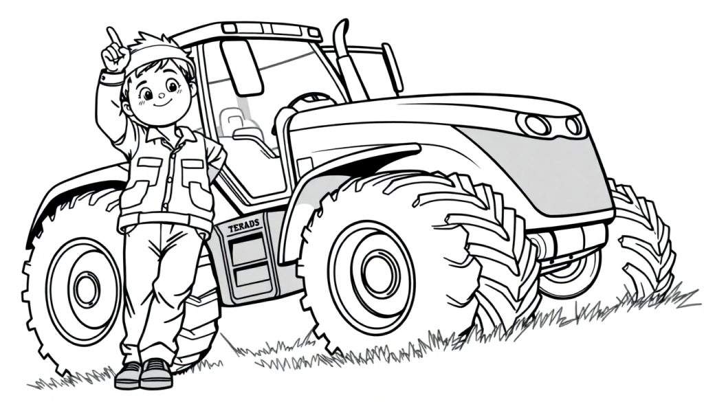 Kleurplaat: Jongen bij tractor