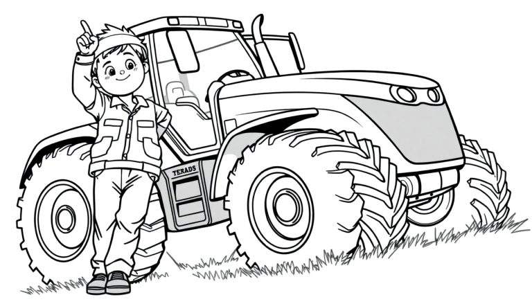 Kleurplaat: Jongen bij tractor