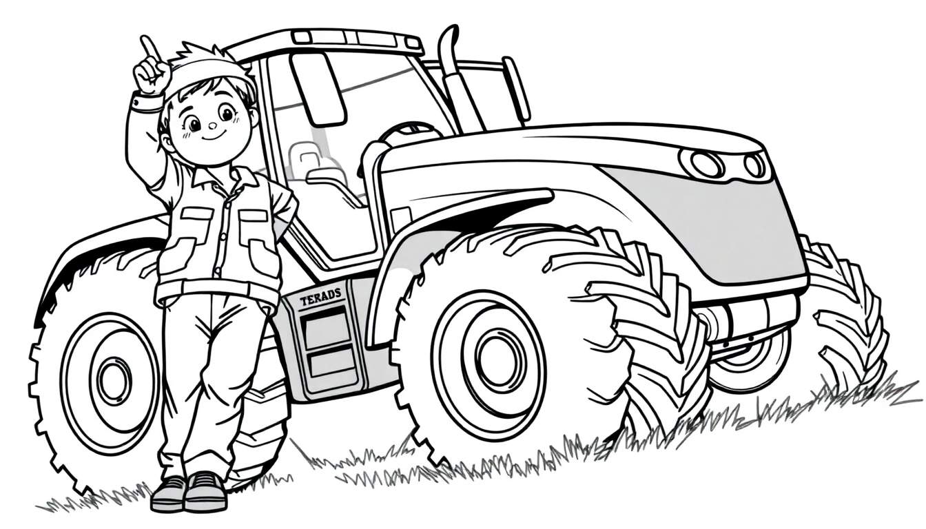 Kleurplaat: Jongen bij tractor