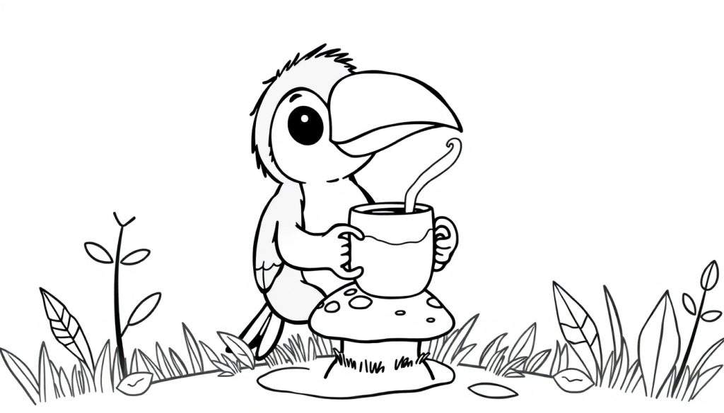 Zwart-wit kleurplaat van een schattige baby toekan met een grote snavel en ogen, die op een paddenstoel staat en een kopje koffie drinkt met stoom. Rondom is gras en bladeren.