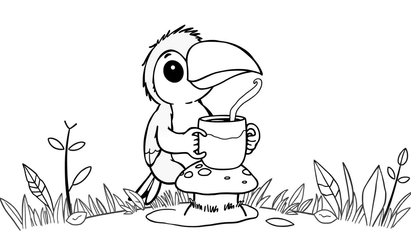 Zwart-wit kleurplaat van een schattige baby toekan met een grote snavel en ogen, die op een paddenstoel staat en een kopje koffie drinkt met stoom. Rondom is gras en bladeren.