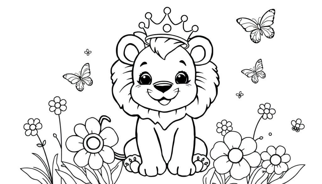 Schattige leeuwenwelp kleurplaat met kroon, bloemen en vlinders.