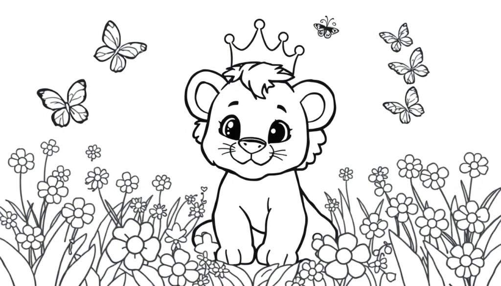 Zwart-wit kleurplaat van een schattige leeuwenwelp met een kroon in een veld met bloemen en vlinders.