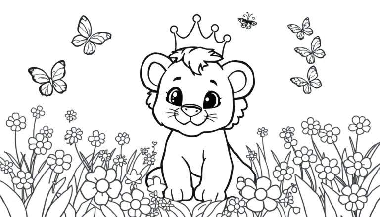 Zwart-wit kleurplaat van een schattige leeuwenwelp met een kroon in een veld met bloemen en vlinders.