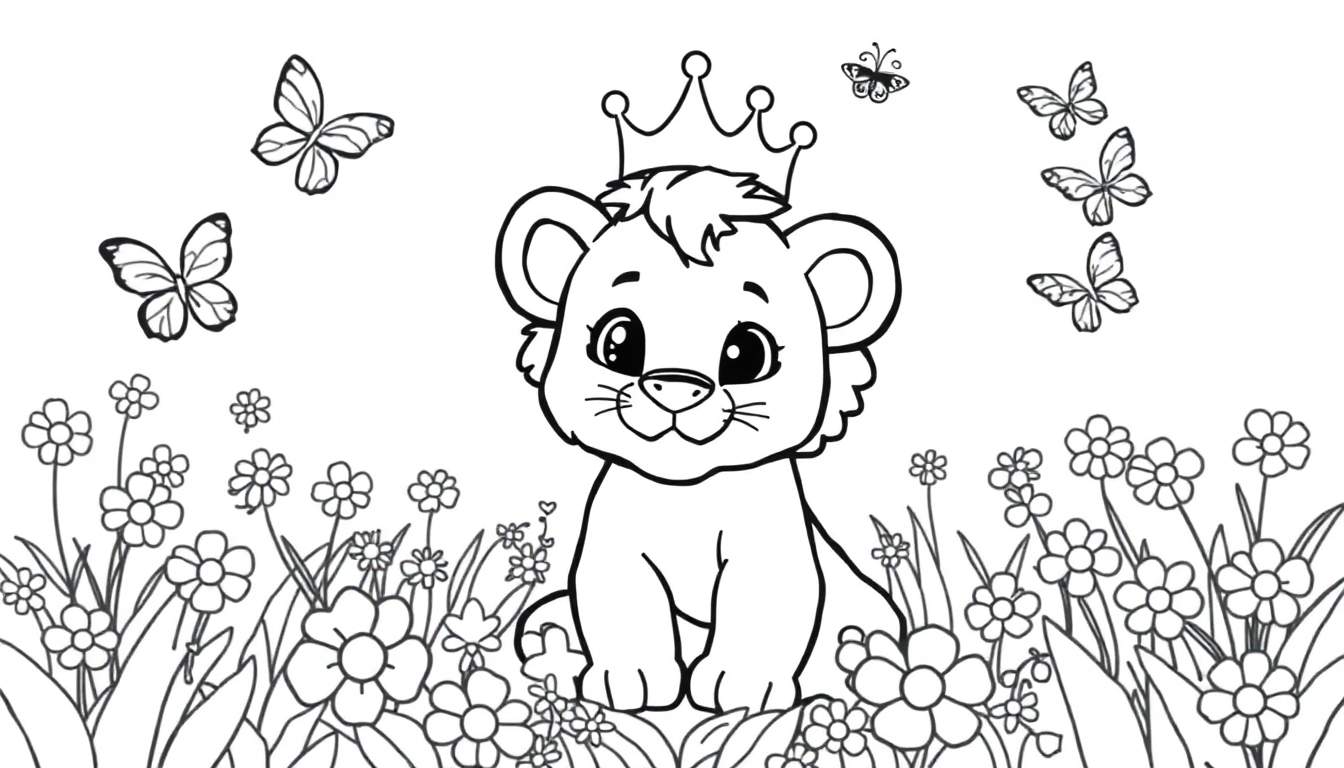 Zwart-wit kleurplaat van een schattige leeuwenwelp met een kroon in een veld met bloemen en vlinders.