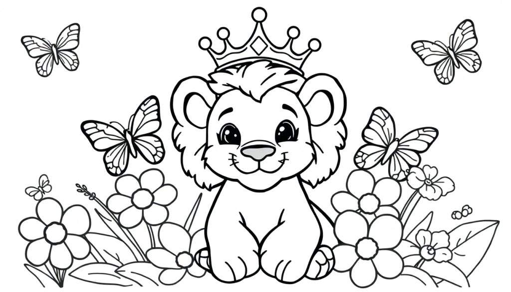 Een schattige leeuwenwelp in een kleurplaat, zittend in bloemen met een kroon en vlinders.