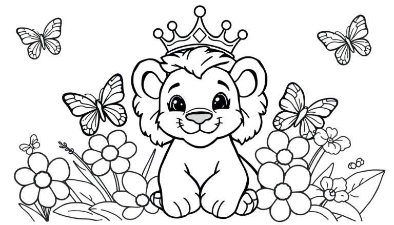 Een schattige leeuwenwelp in een kleurplaat, zittend in bloemen met een kroon en vlinders.