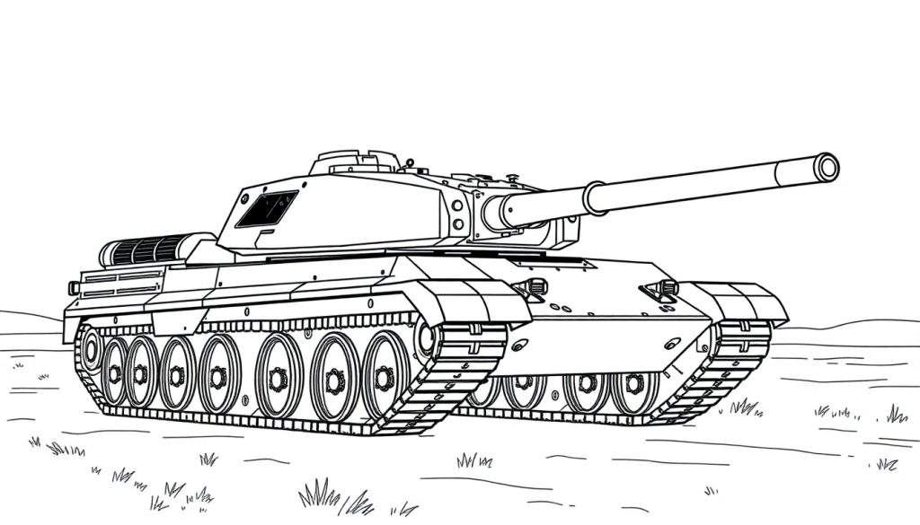 Kleurplaat van een stoere tank met een lange loop, staand in het gras.