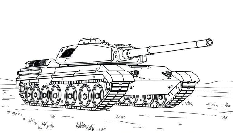 Kleurplaat van een stoere tank met een lange loop, staand in het gras.