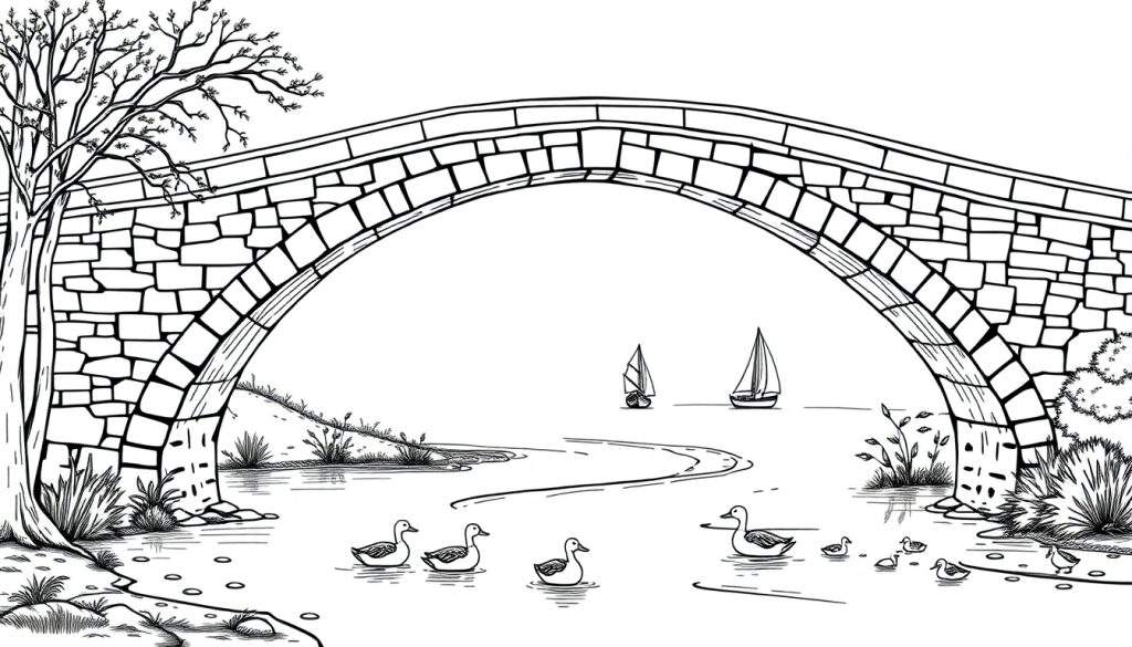 Zwart-wit kleurplaat van een stenen boogbrug met eenden en zeilboten.