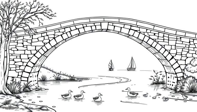 Zwart-wit kleurplaat van een stenen boogbrug met eenden en zeilboten.