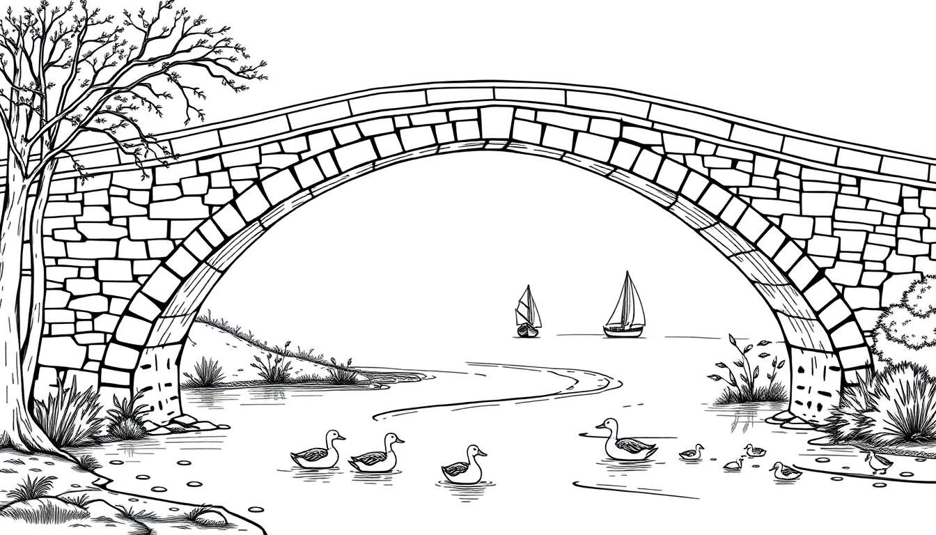Zwart-wit kleurplaat van een stenen boogbrug met eenden en zeilboten.