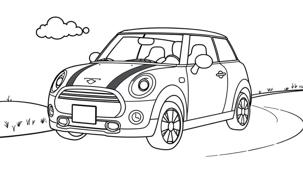 Zwart-wit kleurplaat van een Mini Cooper met strepen op de motorkap, op een bochtige weg met gras en een wolk.