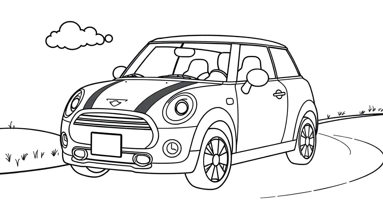 Zwart-wit kleurplaat van een Mini Cooper met strepen op de motorkap, op een bochtige weg met gras en een wolk.