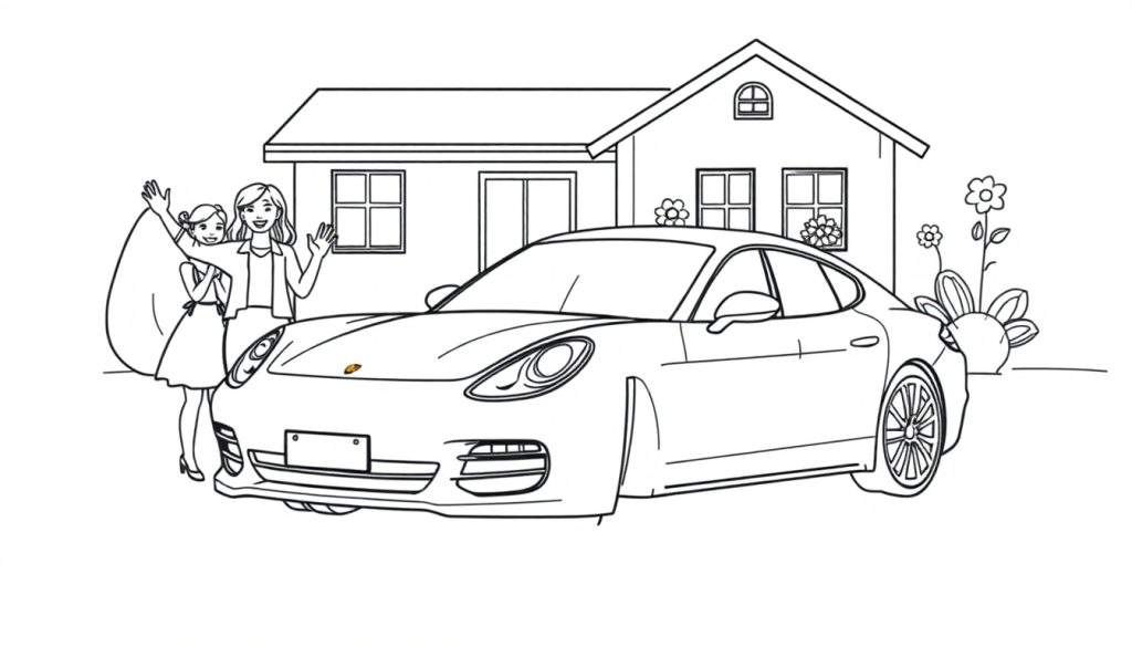 Kleurplaat van een Porsche Panamera met een huis en twee zwaaiende kinderen.