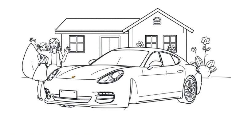 Kleurplaat van een Porsche Panamera met een huis en twee zwaaiende kinderen.