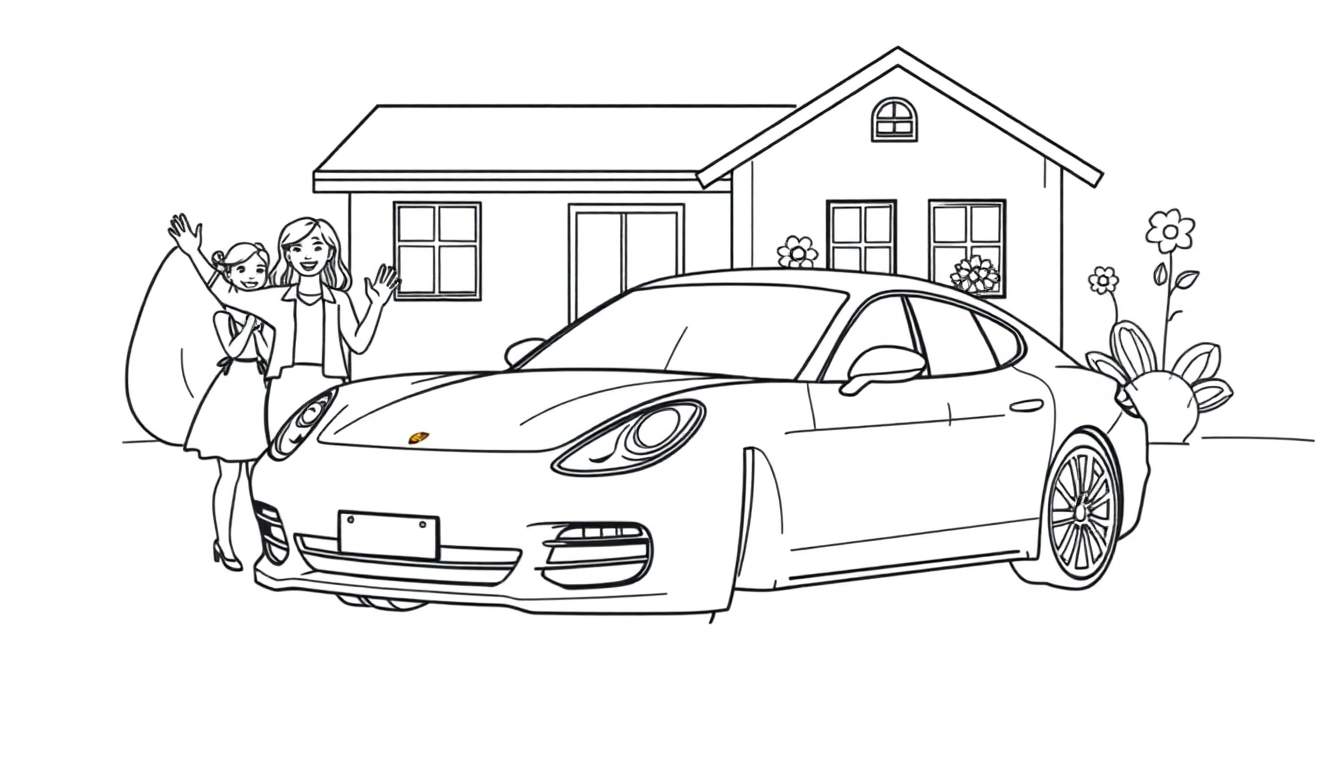 Kleurplaat van een Porsche Panamera met een huis en twee zwaaiende kinderen.