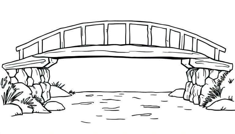 Een simpele kleurplaat van een boogbrug over een rivier.