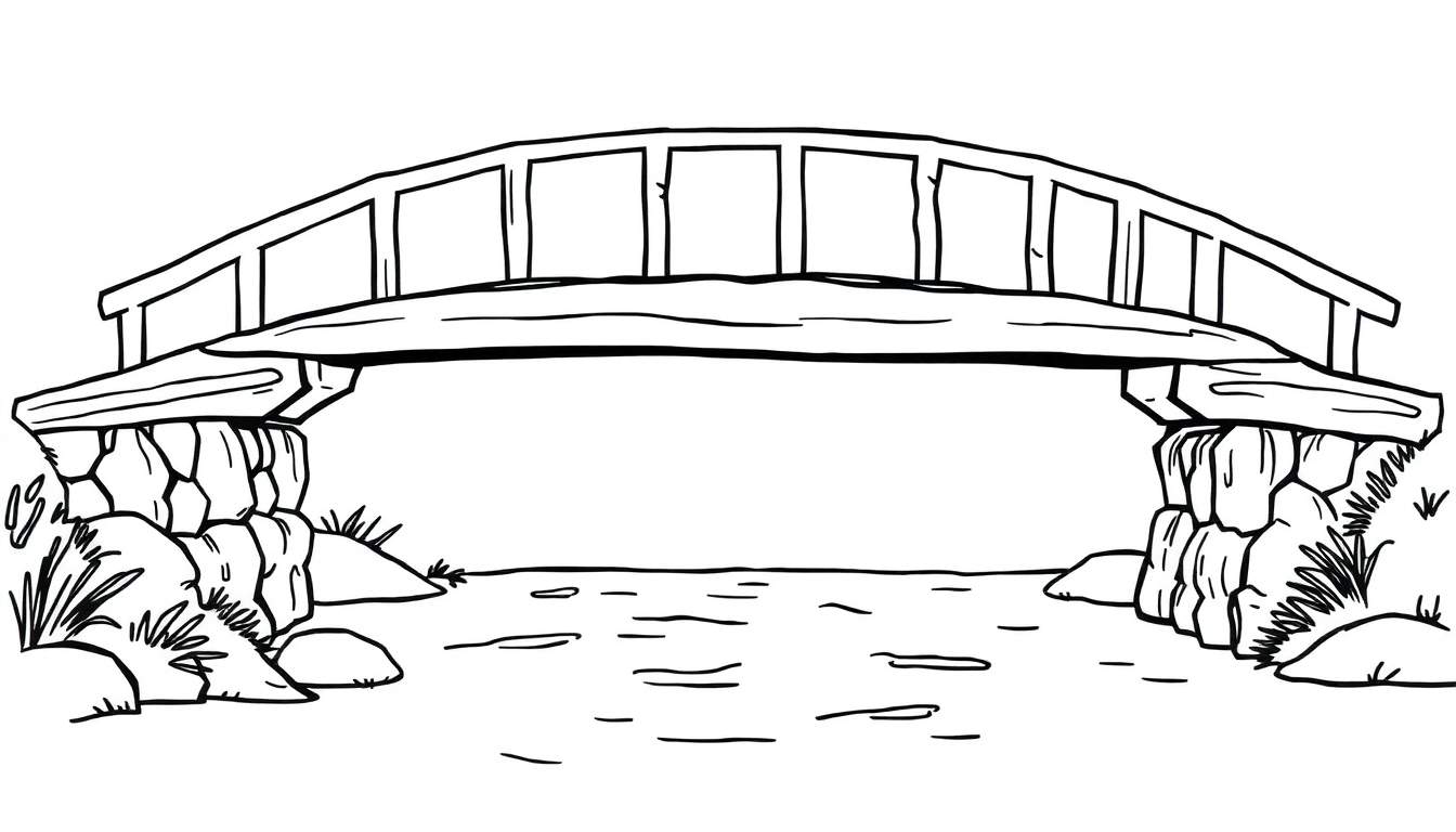 Een simpele kleurplaat van een boogbrug over een rivier.