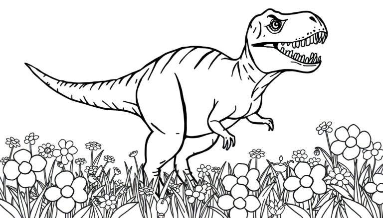 Kleurplaat van een T-Rex tussen de bloemen.