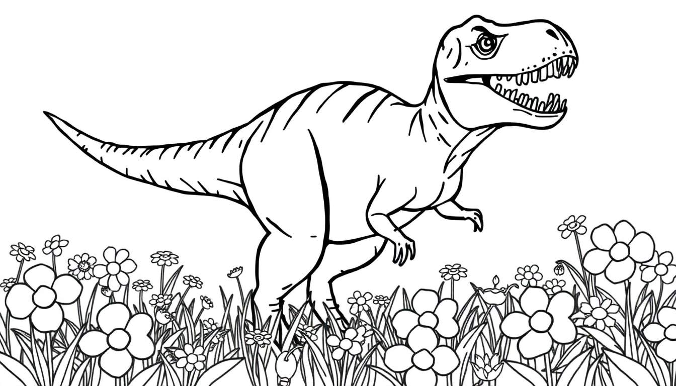Kleurplaat van een T-Rex tussen de bloemen.
