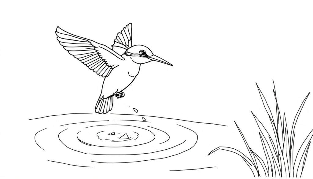 Kleurplaat: Zwart-wit tekening van een ijsvogel die net boven het wateroppervlak vliegt, met druppels die eraf vallen.