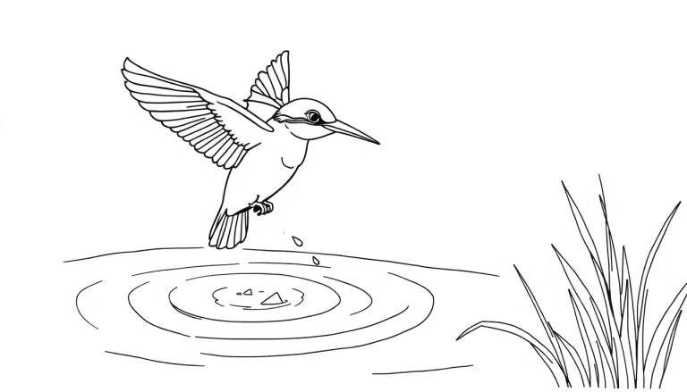 Kleurplaat: Zwart-wit tekening van een ijsvogel die net boven het wateroppervlak vliegt, met druppels die eraf vallen.