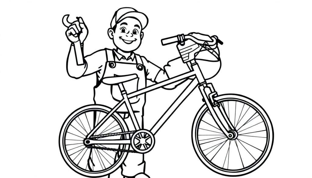 Een kleurplaat van een vrolijke fietsenmaker met een pet en overall die naast een fiets staat met een sleutel in zijn hand.