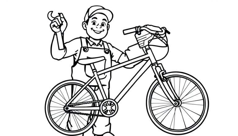 Een kleurplaat van een vrolijke fietsenmaker met een pet en overall die naast een fiets staat met een sleutel in zijn hand.