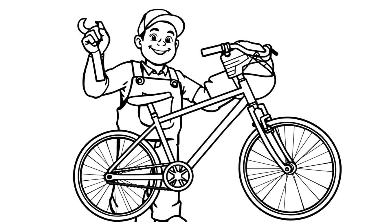 Een kleurplaat van een vrolijke fietsenmaker met een pet en overall die naast een fiets staat met een sleutel in zijn hand.