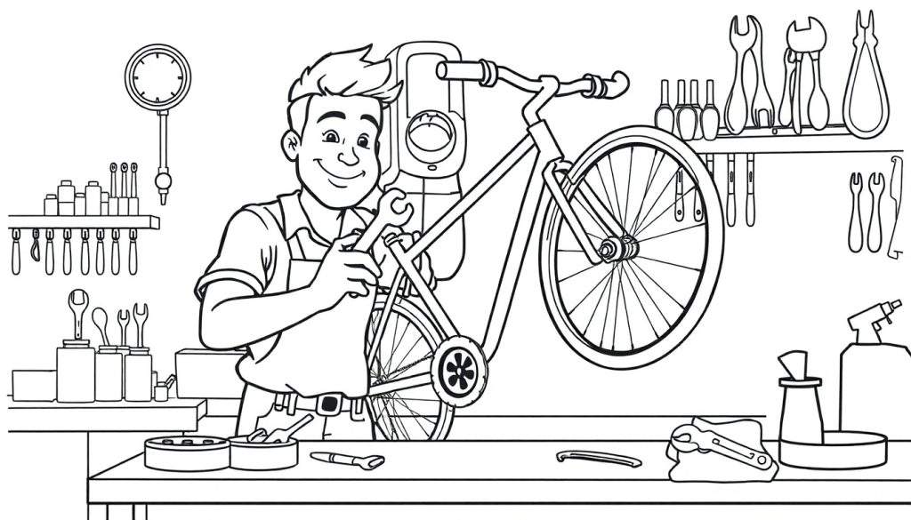 Zwart-witte cartoon van een lachende fietsenmaker die een fiets repareert, een kleurplaat.