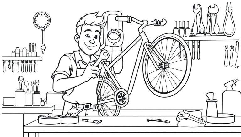 Zwart-witte cartoon van een lachende fietsenmaker die een fiets repareert, een kleurplaat.