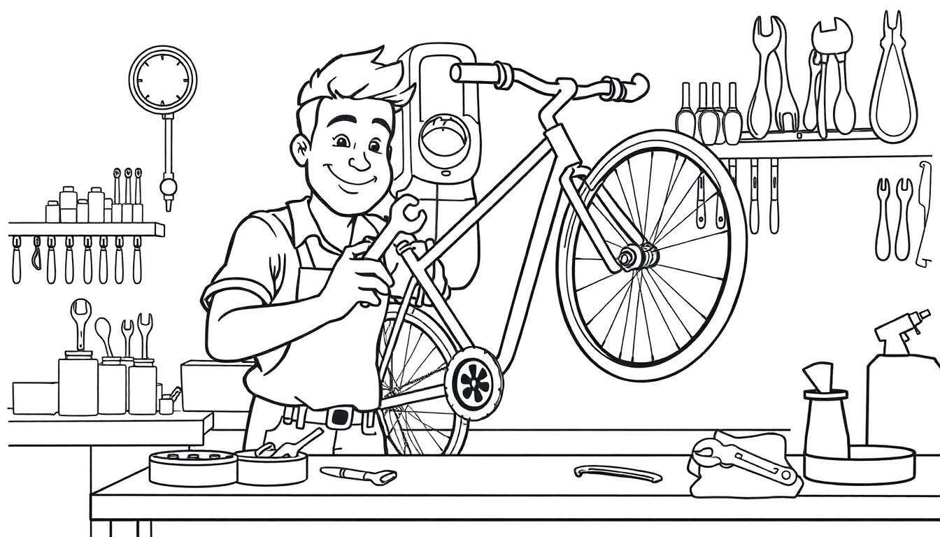 Zwart-witte cartoon van een lachende fietsenmaker die een fiets repareert, een kleurplaat.